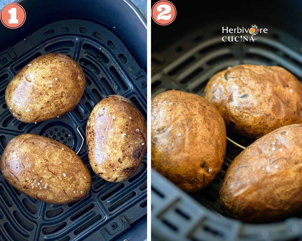Placing seasoned Russet and sweet potatoes into an air fryer basket with space between them to allow for 360-degree air circulation and air frying them. 