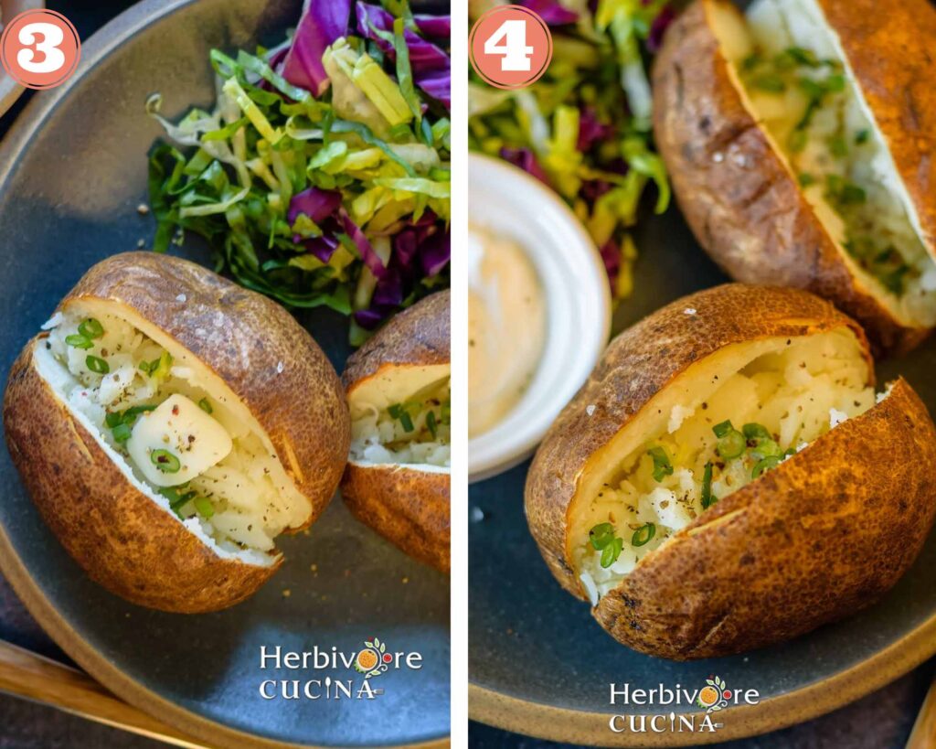 A shot of air fryer baked potatoes fluffed white, airy interior to create a cloud-like texture and topped with butter and greens.
